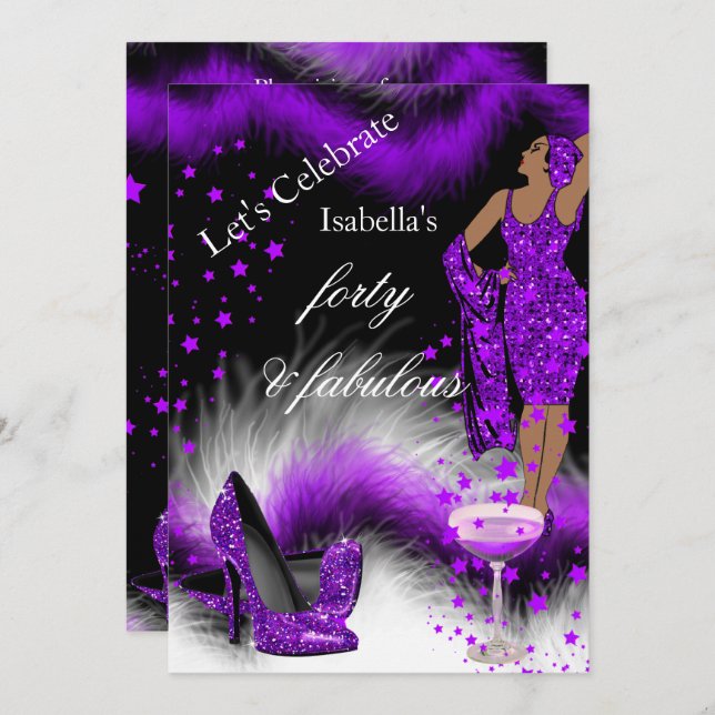 Invitation Fabuleux 40 Lady Purple Champagne Anniversaire (Devant / Derrière)