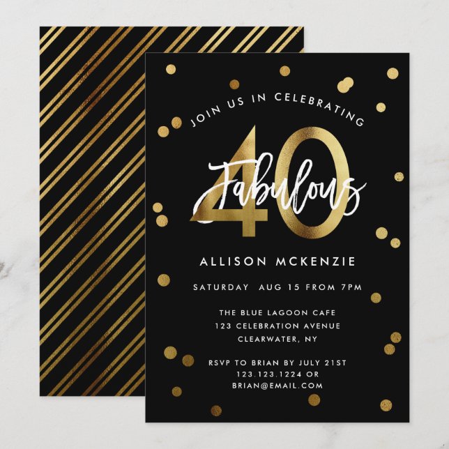 Invitation Fabuleux 40 | Moderne Elegant Or Style Anniversair (Devant / Derrière)