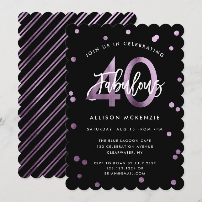 Invitation Fabuleux 40 | Moderne Lilac violet élégant Anniver (Devant / Derrière)