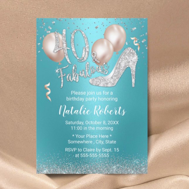Invitation Fabuleux 40 Moderne Turquoise Argent 40e anniversa (Créateur téléchargé)