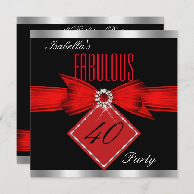 Invitation Fabuleux 40 Noir Rouge fête d'anniversaire (Devant / Derrière)