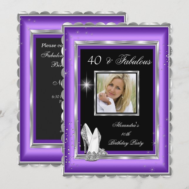 Invitation Fabuleux 40 Party Photo violet argent talons hauts (Devant / Derrière)