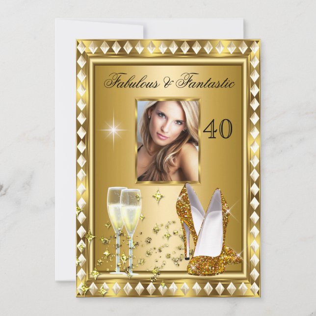 Invitation Fabuleux 40 Photo Gold Glam Hollywood Anniversaire (Devant)