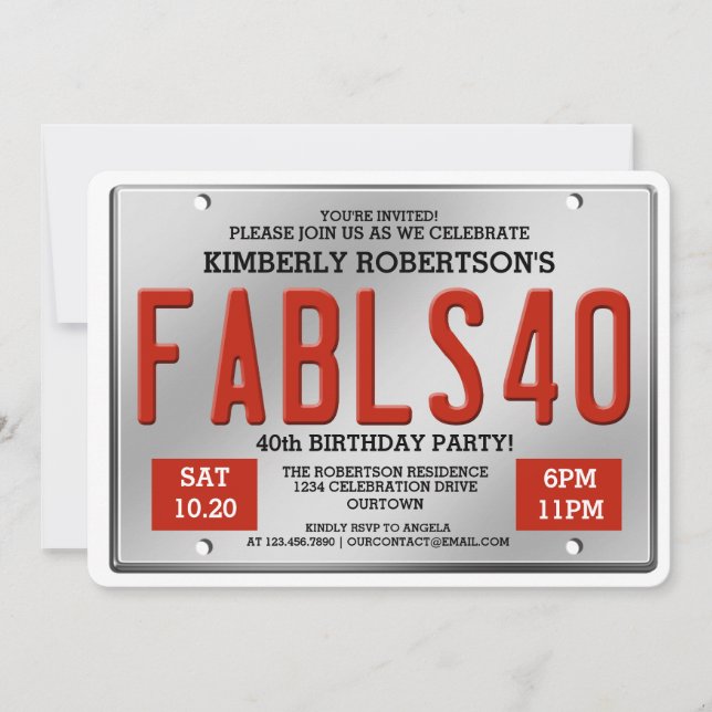 Invitation Fabuleux 40 Plaque de licence Anniversaire Invitat (Devant)