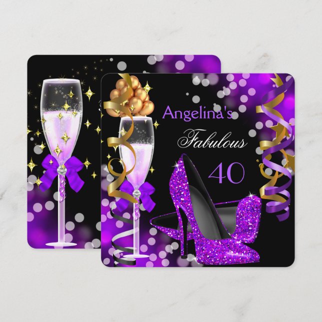 Invitation Fabuleux 40 Purple Heels Gold Bubbles Anniversaire (Devant / Derrière)