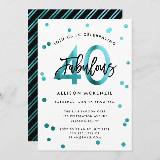 Invitation Fabuleux 40 | Script moderne Fille Turquoise Anniv (Devant / Derrière)