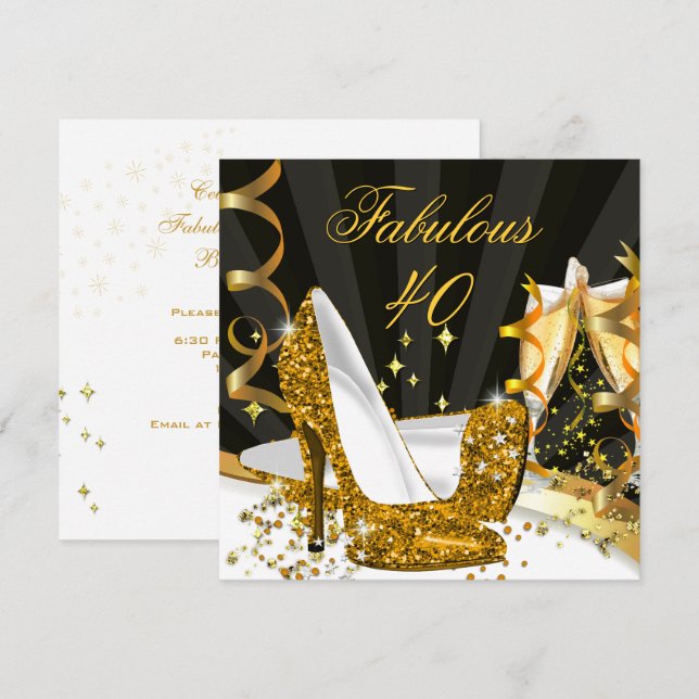 Invitation Fabuleux 40 Woman's Gold High Heel Champagne Party (Devant / Derrière)