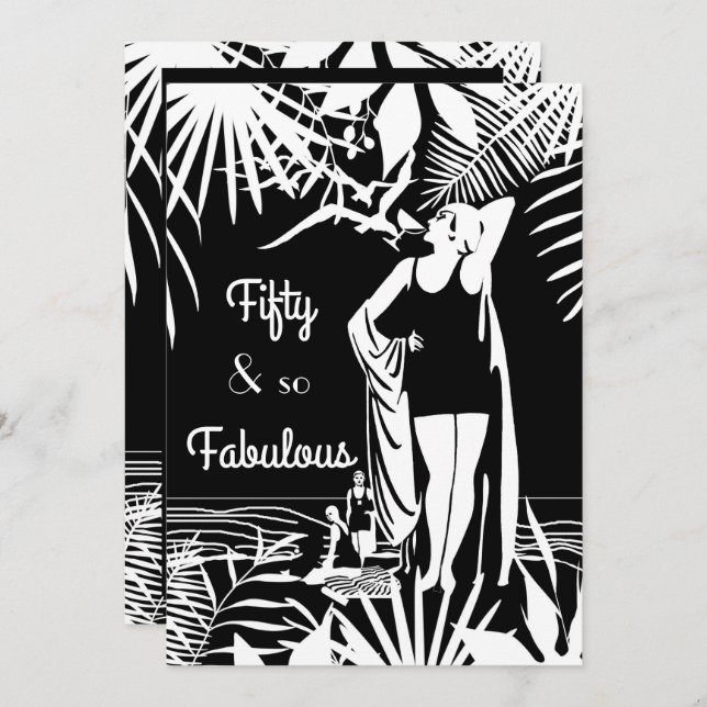 Invitation Fabuleux 50 Anniversaire Fête Déco Dame Noir Blanc (Devant / Derrière)