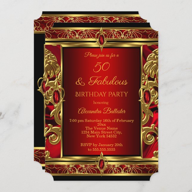 Invitation Fabuleux 50 Anniversaire Rouge Ruby Bijou Damask O (Devant / Derrière)