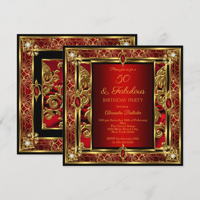 Invitation Fabuleux 50 Anniversaire Rouge Ruby Damask Or Diam (Devant / Derrière)