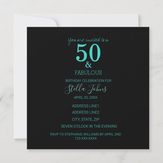 Invitation Fabuleux 50 Anniversaire Turquoise Black Custom Pa (Devant)