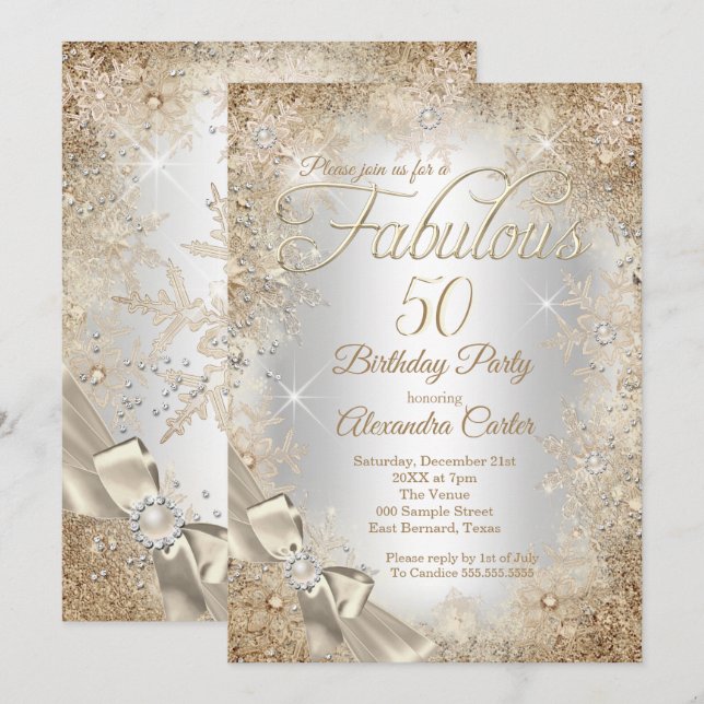 Invitation Fabuleux 50 Argent Crème Perle Nœud Flocon de Neig (Devant / Derrière)