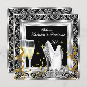 Invitation Fabuleux 50 Argent Damask Noir fête d'anniversaire