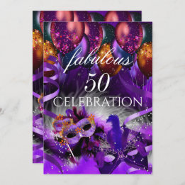 Invitation Fabuleux 50 Ballons violets Masquerade Party