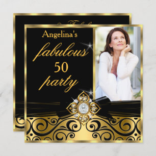 Invitation Fabuleux 50 Black Gold Faux Diamond Photo Party