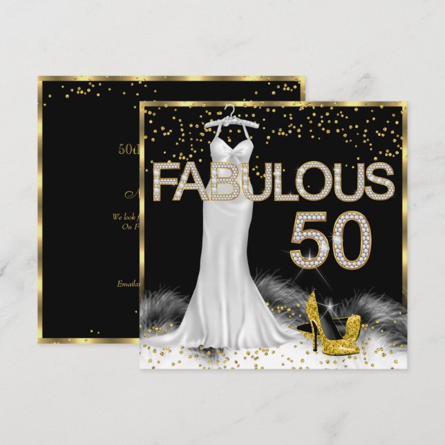 Invitation Fabuleux 50 Black Gold White Birthday Party (Devant / Derrière)