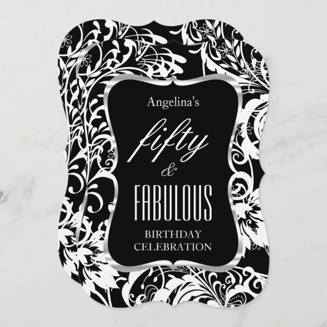 Invitation Fabuleux 50 Black White Floral Elegant Party (Devant / Derrière)