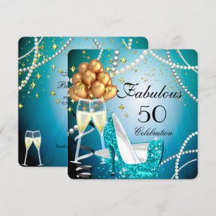 Invitation Fabuleux 50 Blue High Heels Gold Champagne Party