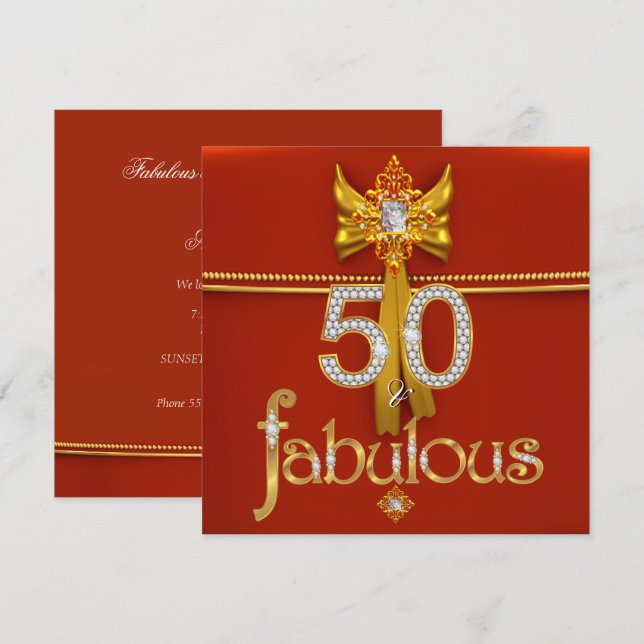 Invitation Fabuleux 50 Diamond Gold Deep Red Anniversaire Par (Devant / Derrière)