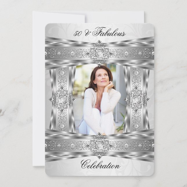 Invitation Fabuleux 50 Elégant Diamond Gem Silver White Photo (Devant)