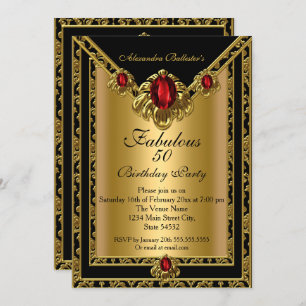 Invitation Fabuleux 50 Elegant Gold Damask Red Gem Anniversai