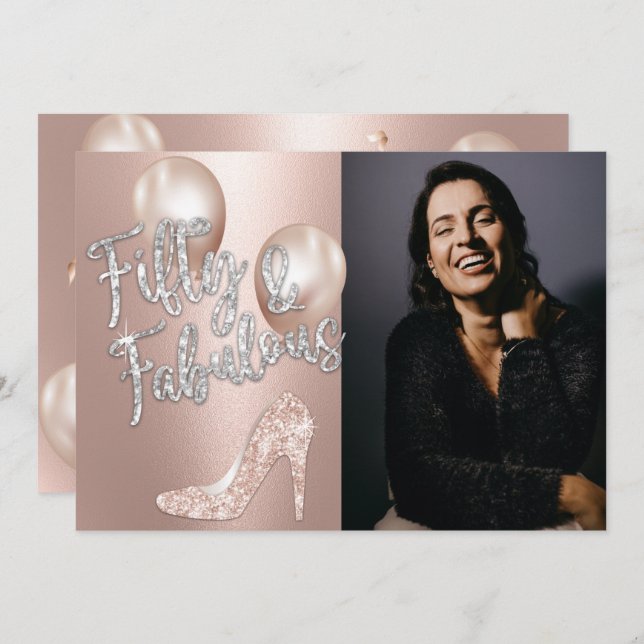 Invitation Fabuleux 50 Elégant Rose Gold Photo 50e Anniversai (Devant / Derrière)