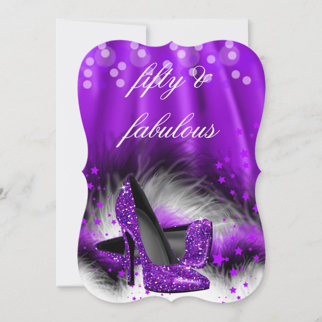 Invitation Fabuleux 50 étoiles violettes talons hauts Anniver (Devant)