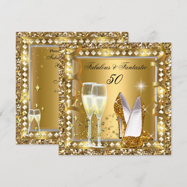 Invitation Fabuleux 50 & Fantastic Gold Glam Silver Anniversa (Devant / Derrière)