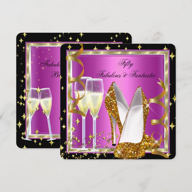 Invitation Fabuleux 50 Fantastic Pink Black White Gold Party (Devant / Derrière)