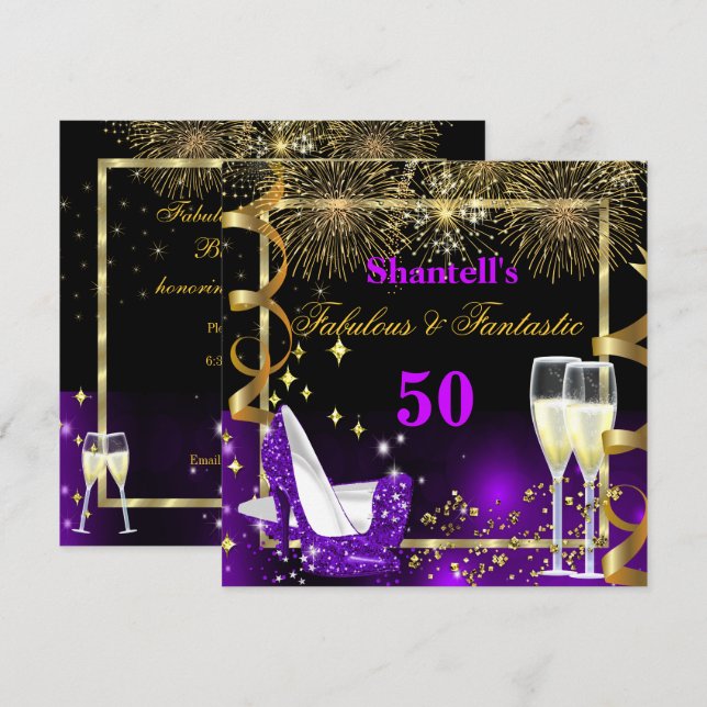 Invitation Fabuleux 50 Fantastique Festive Purple Gold Party (Devant / Derrière)