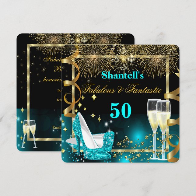 Invitation Fabuleux 50 Fantastique Festive Turquoise Gold Par (Devant / Derrière)