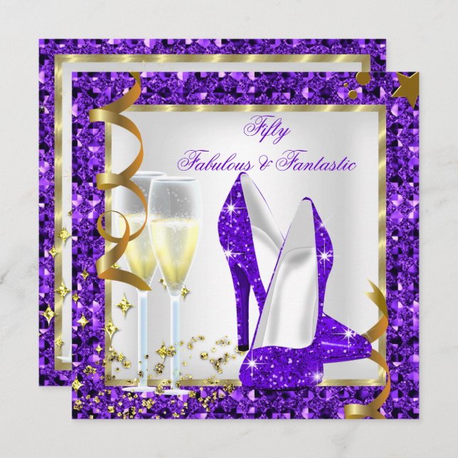 Invitation Fabuleux 50 Fantastique Purple Blanc Or Anniversai (Devant / Derrière)