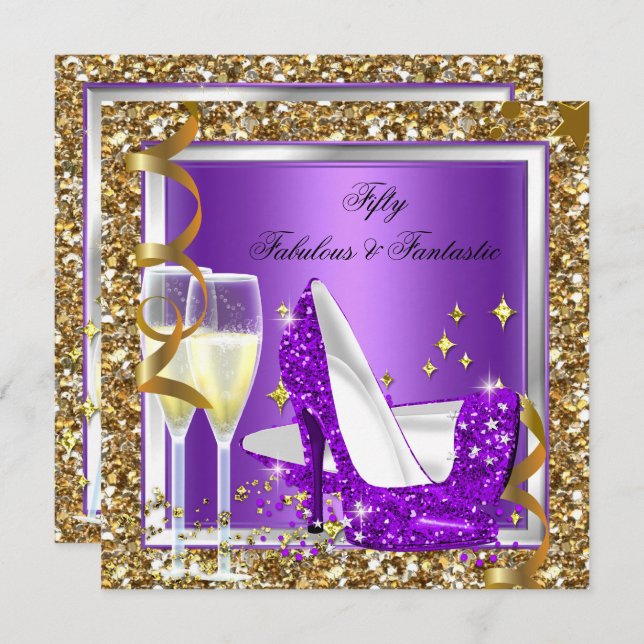 Invitation Fabuleux 50 Fantastique Purple Gold Anniversaire (Devant / Derrière)
