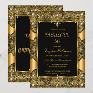 Invitation Fabuleux 50 Glamor Black Lace Pearl Gold