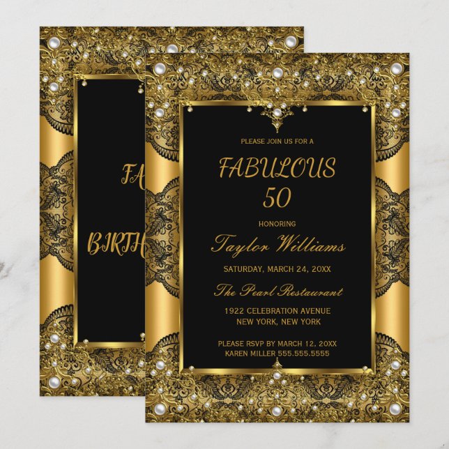 Invitation Fabuleux 50 Glamour Noir Dentelle Perle Or (Devant / Derrière)