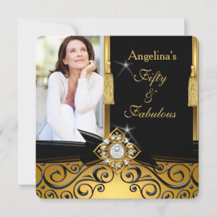 Invitation Fabuleux 50 Gold Black Damask Photo fête d'anniver
