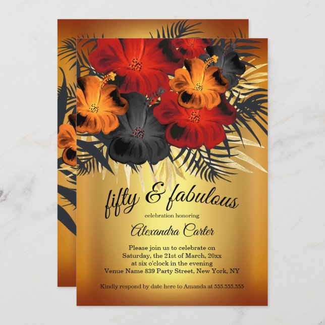 Invitation Fabuleux 50 Gold Red Orange Black Hibiscus fête (Devant / Derrière)
