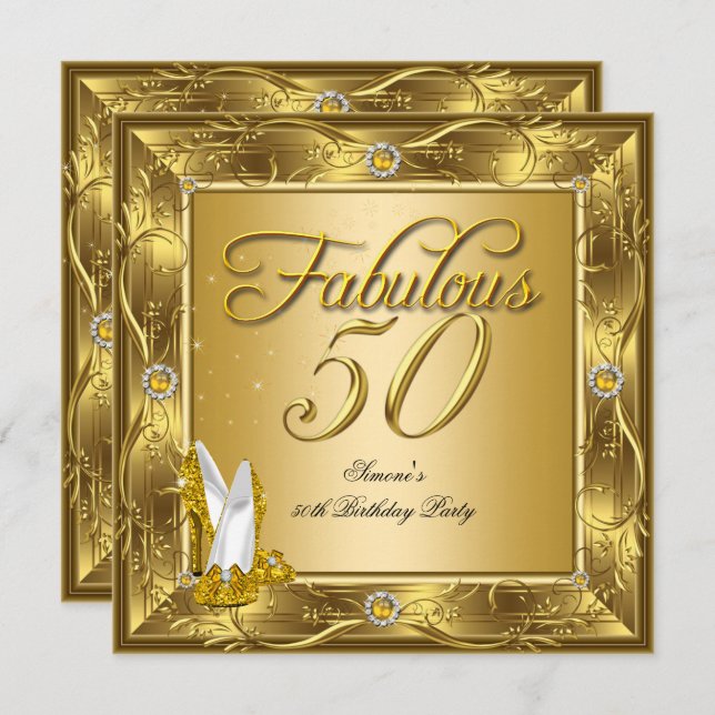 Invitation Fabuleux 50 Gold talons haut Anniversaire (Devant / Derrière)