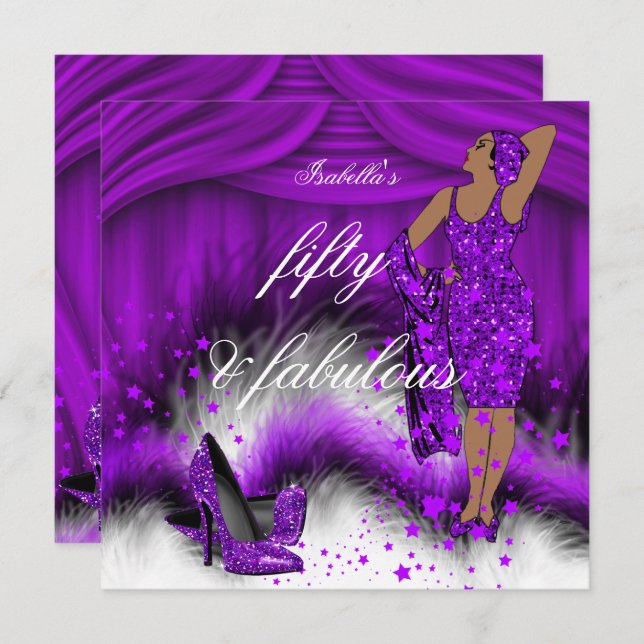 Invitation Fabuleux 50 Lady Purple High Heels fête d'annivers (Devant / Derrière)