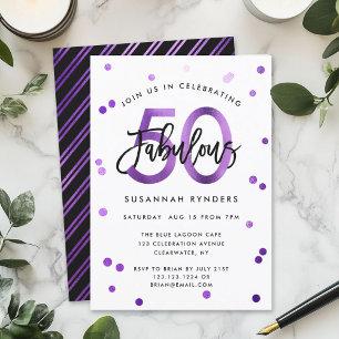 Invitation Fabuleux 50   Moderne Elegant Purple Brush Anniver