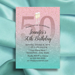 Invitation Fabuleux 50 moderne rose argent Turquoise Annivers
