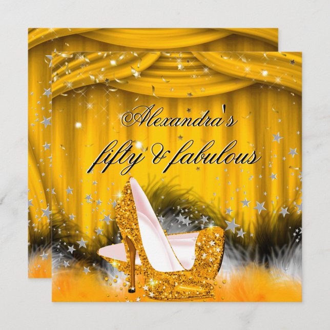 Invitation Fabuleux 50 Orange Gold High Heels Feather Party (Devant / Derrière)
