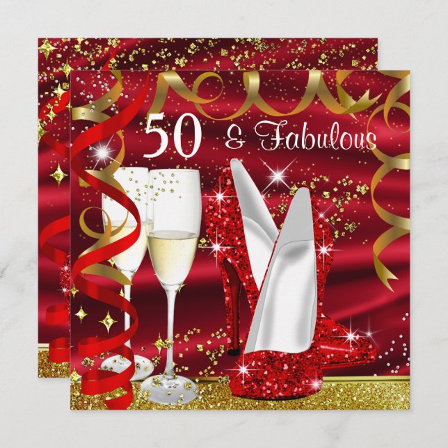 Invitation Fabuleux 50 Parties scintillant Gold Red High Heel (Devant / Derrière)