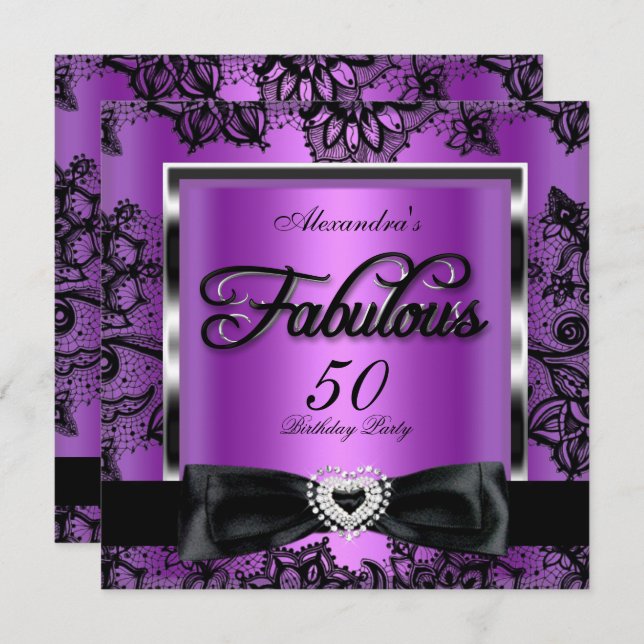 Invitation Fabuleux 50 Party Purple Damask Black Lace (Devant / Derrière)