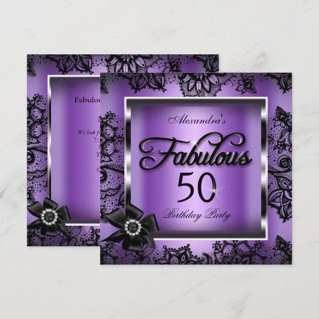 Invitation Fabuleux 50 Party Purple Damask Black Lace Pearl (Devant / Derrière)