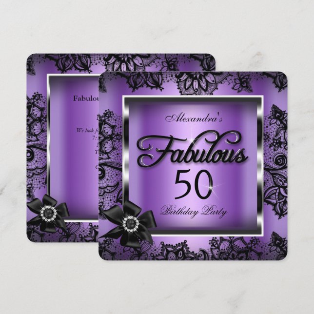 Invitation Fabuleux 50 Party Purple Damask Black Lace Pearl (Devant / Derrière)