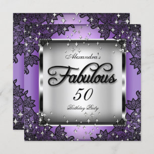 Invitation Fabuleux 50 Party Violet Argent Stars Black Lace