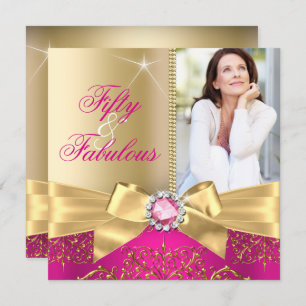 Invitation Fabuleux 50 Photo Gold Pink Bow 50e anniversaire