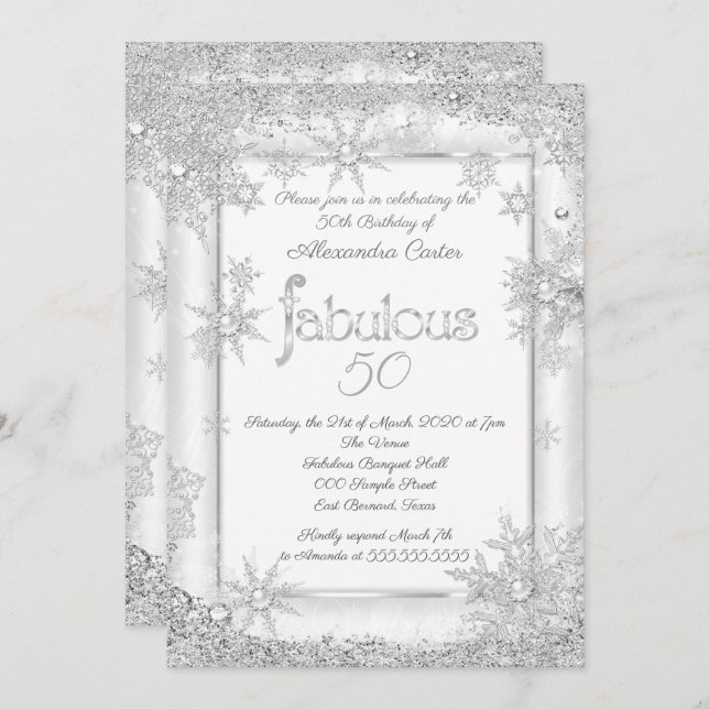 Invitation Fabuleux 50 Photo White Silver Snowflake fête (Devant / Derrière)