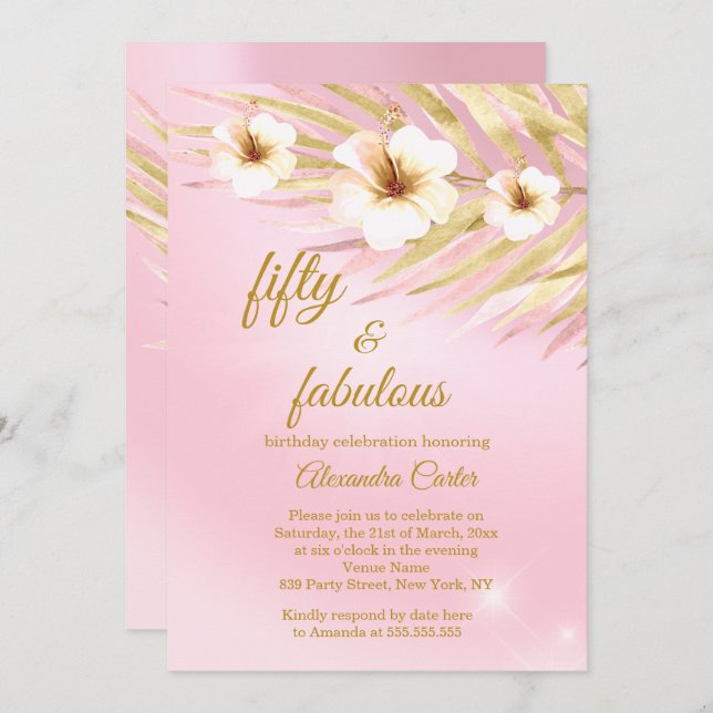 Invitation Fabuleux 50 Pink Gold Blanc Floral Anniversaire (Devant / Derrière)